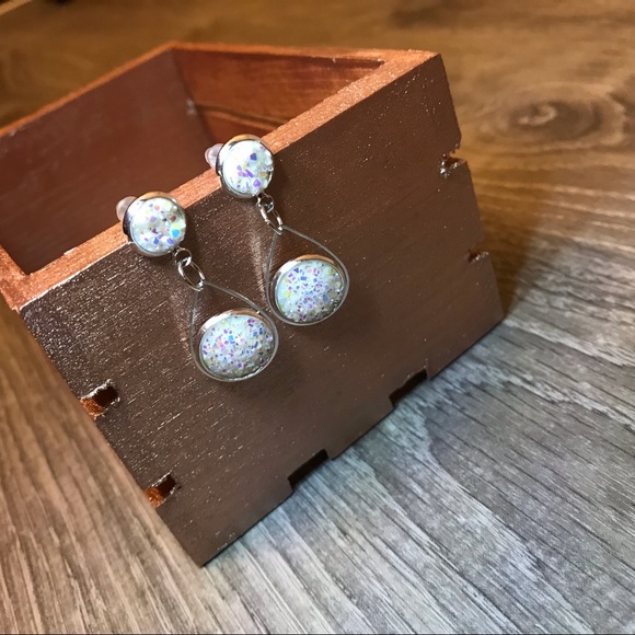 Jewelry - White Iridescent Druzy 2-Stone Dangle Earrings